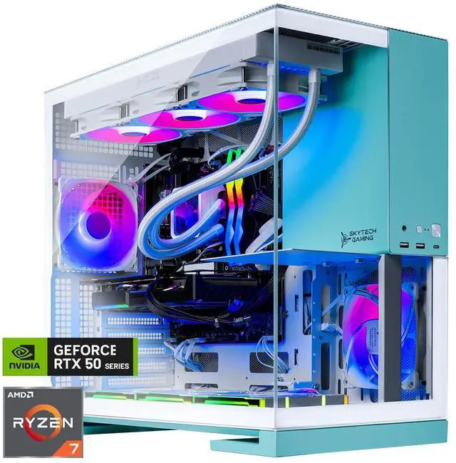 Skytech Aqua gaming desktop PC with RTX 5070 Ti and liquid cooling